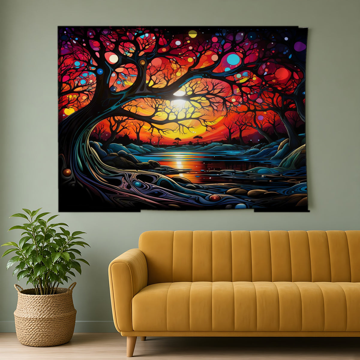 Sunset Dream Tree Wall Tapestry hanging above a mustard sofa