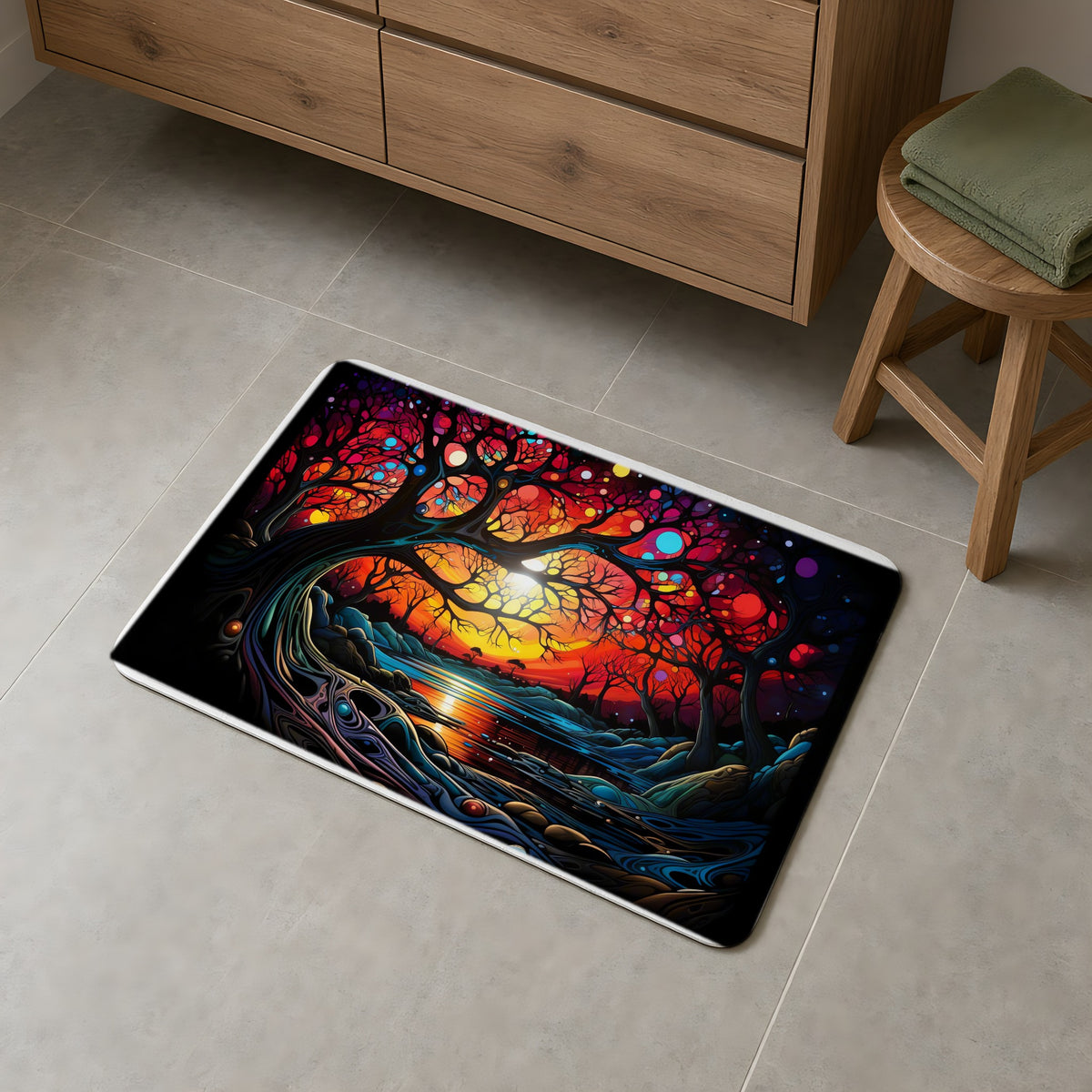 Sunset Dream Tree Bath Mat on a grey tiled bathroom floor