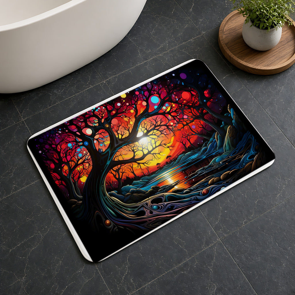 Sunset Dream Tree Bath Mat on a dark slate floor beside a bath