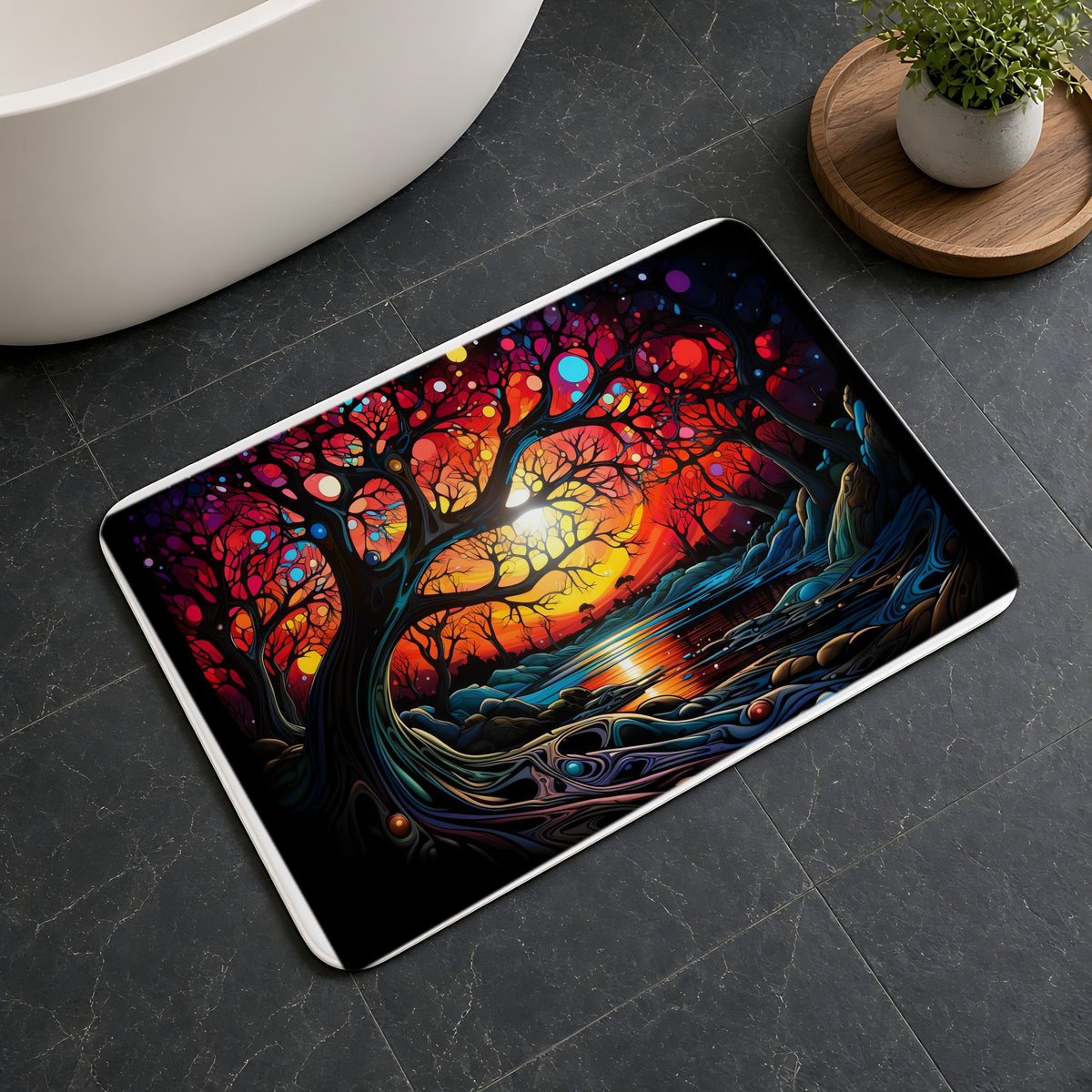 Sunset Dream Tree Bath Mat on a dark slate floor beside a bath
