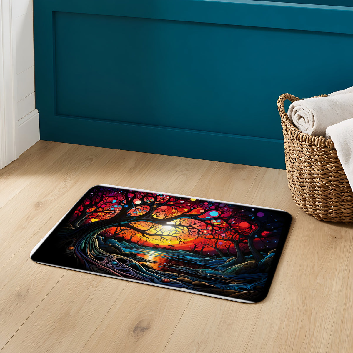 Sunset Dream Tree Bath Mat on an oak floor in a teal bathroom