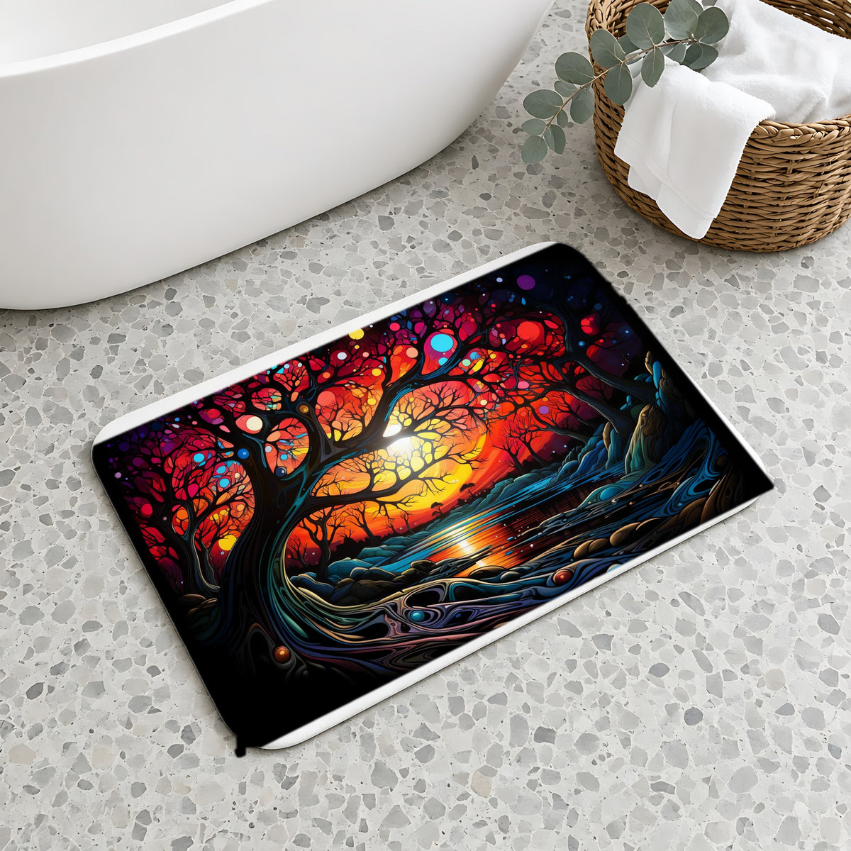 Sunset Dream Tree Bath Mat on a terrazzo floor beside a freestanding bath