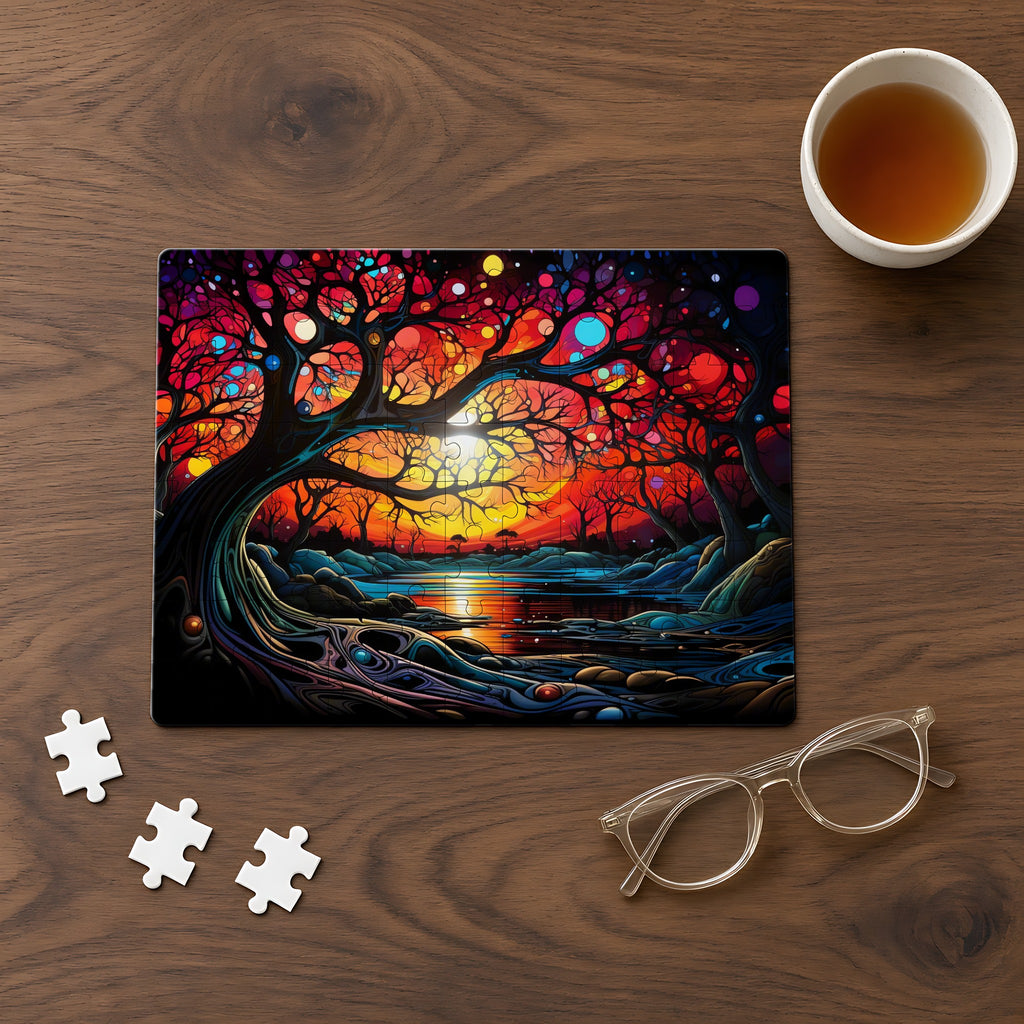Sunset Dream Tree Jigsaw Puzzle with Tin completed on a walnut table