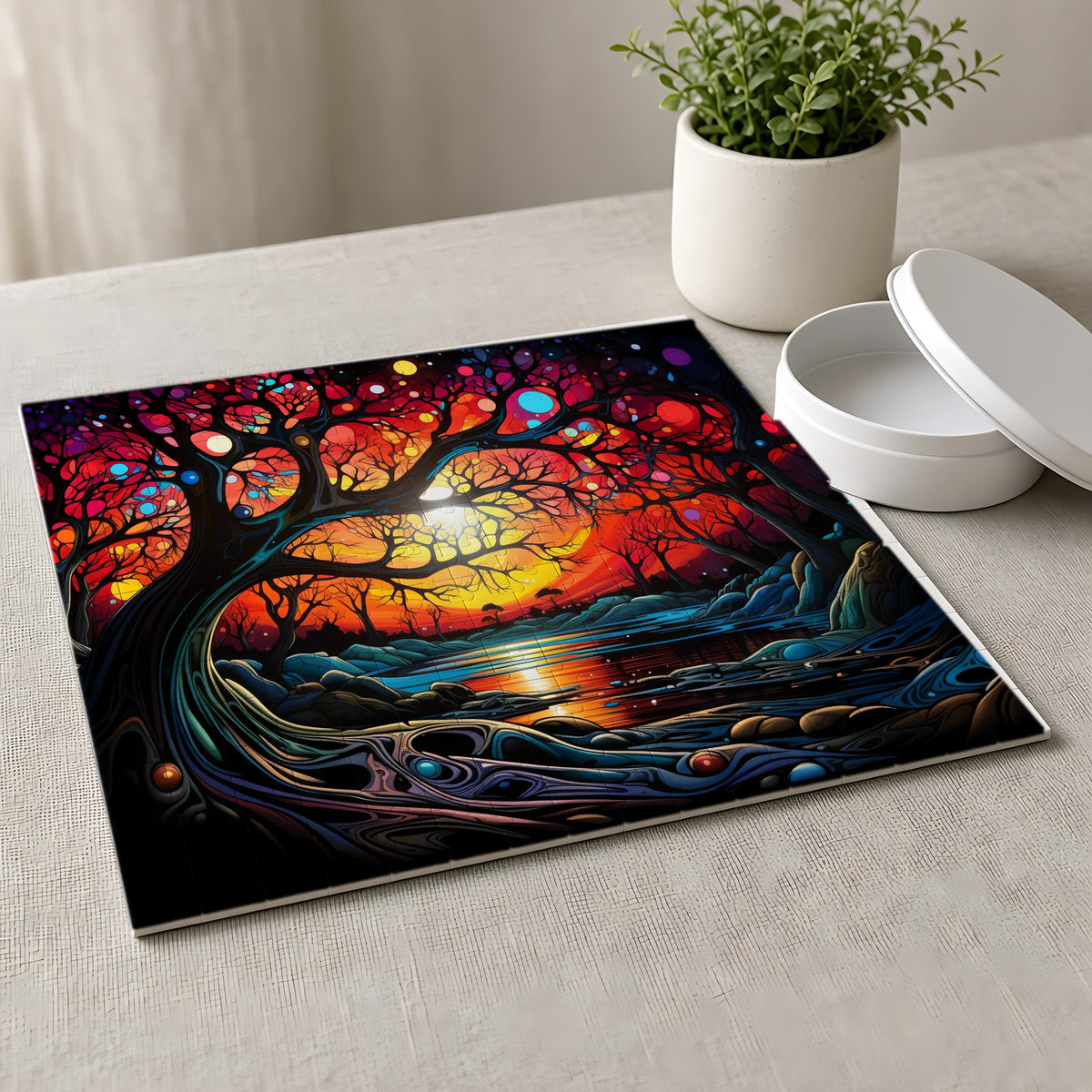 Sunset Dream Tree Jigsaw Puzzle with Tin completed on a linen tablecloth
