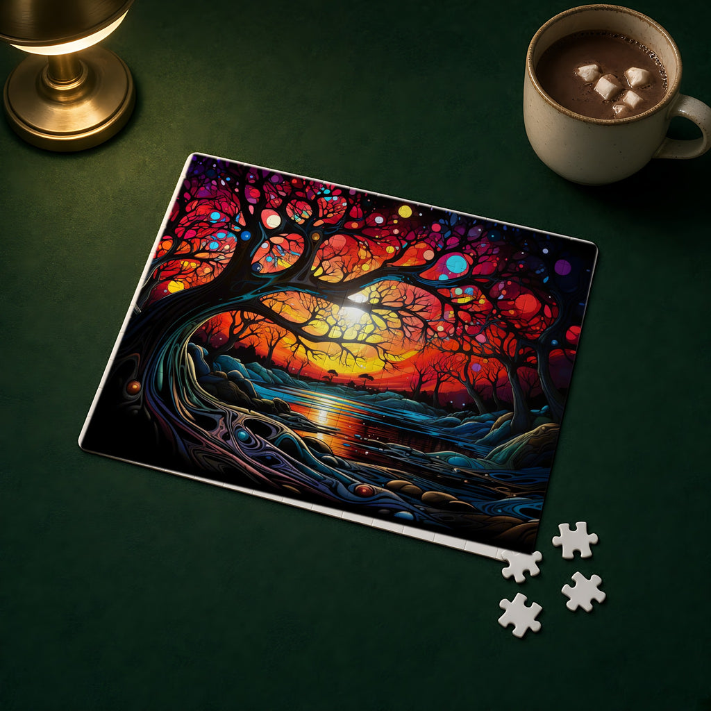 Sunset Dream Tree Jigsaw Puzzle with Tin completed on a green games table