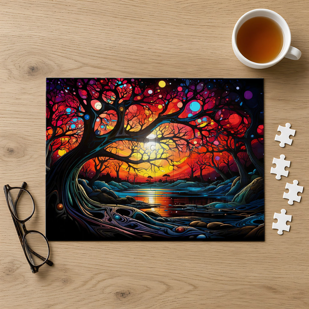 Sunset Dream Tree Jigsaw Puzzle with Tin completed on a light oak table with a cup of tea