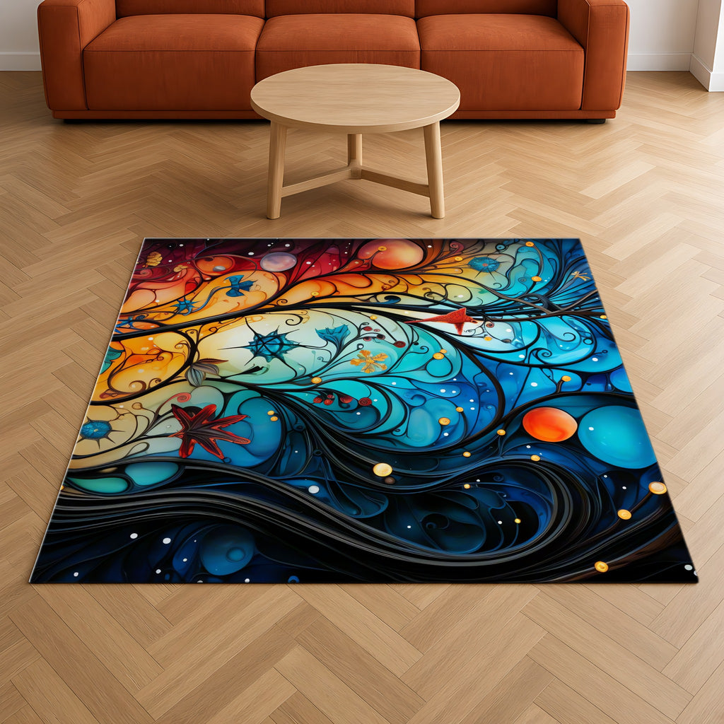 Cosmic Swirl Garden Outdoor Rug on a herringbone wood floor in a living room