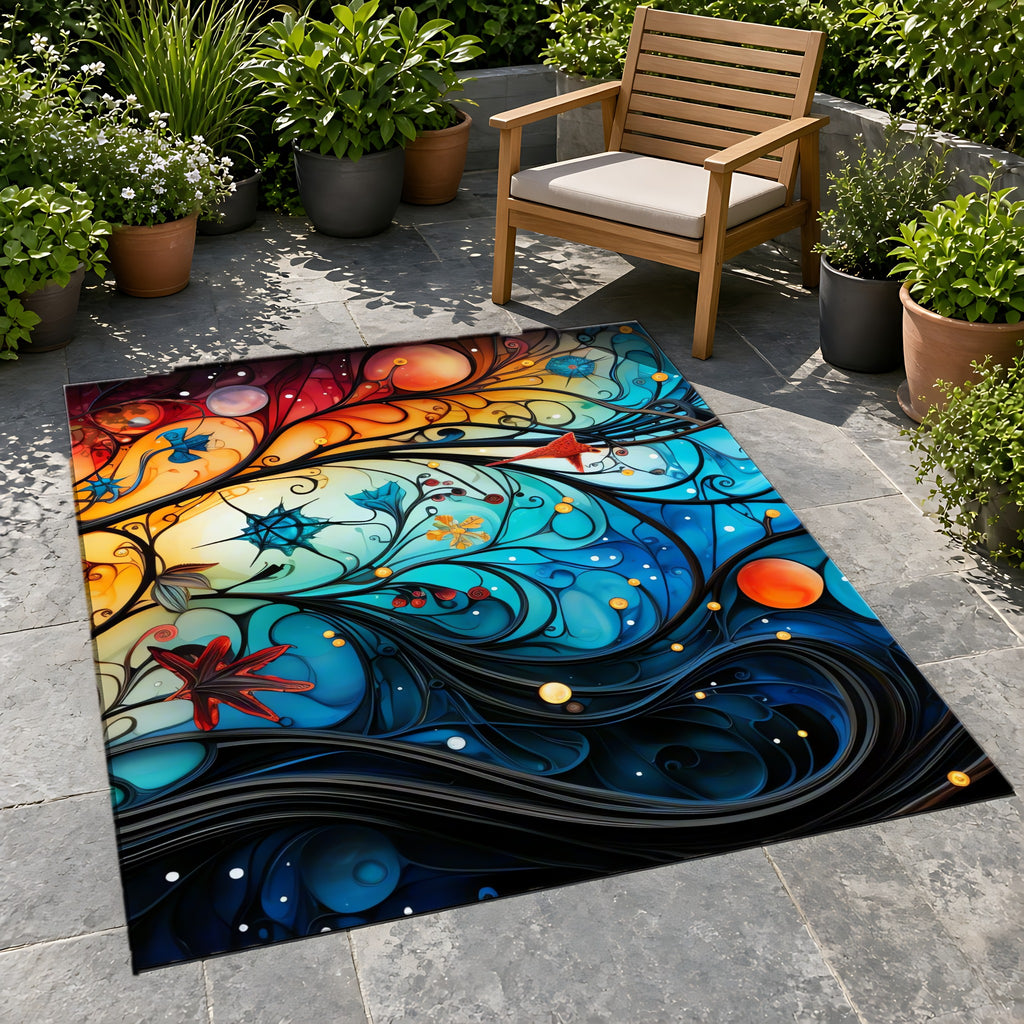 Cosmic Swirl Garden Outdoor Rug on a stone patio with potted plants