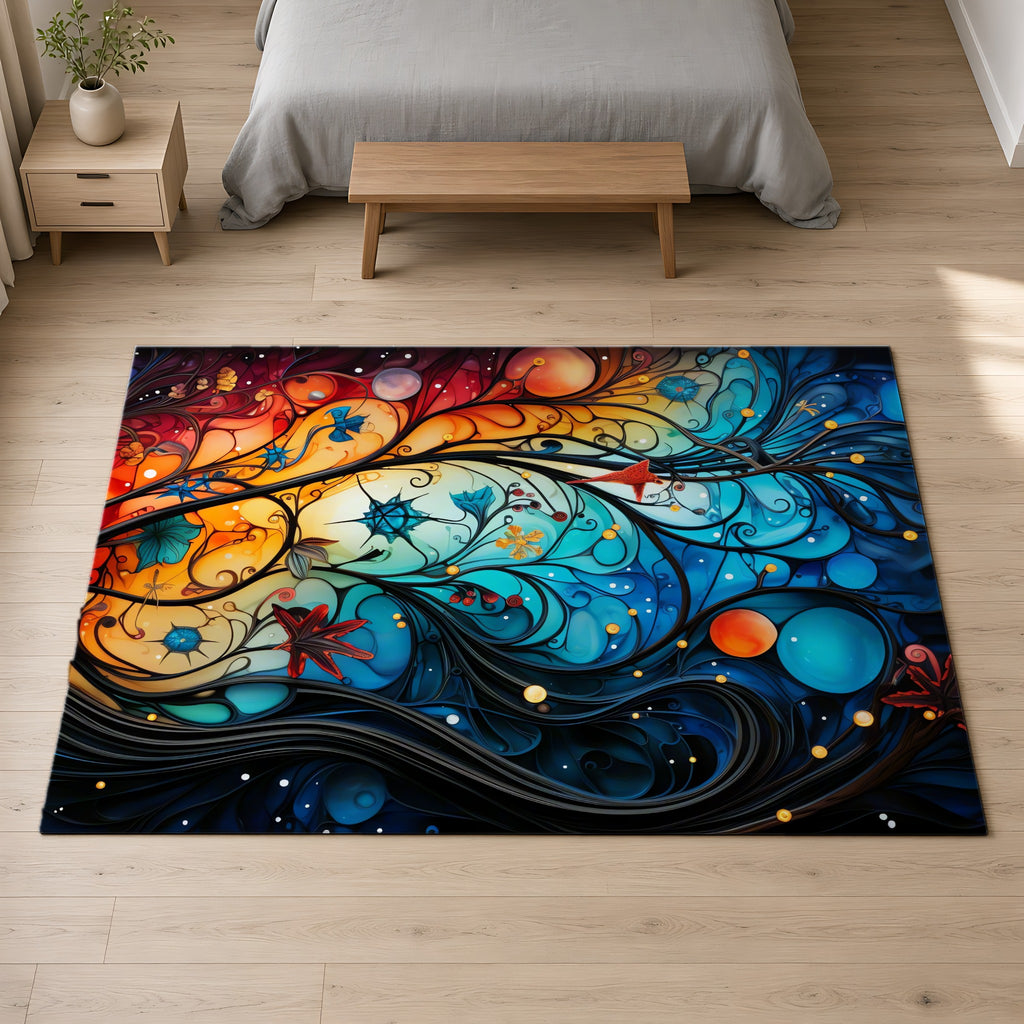 Cosmic Swirl Garden Outdoor Rug on a pale oak floor in a calm bedroom