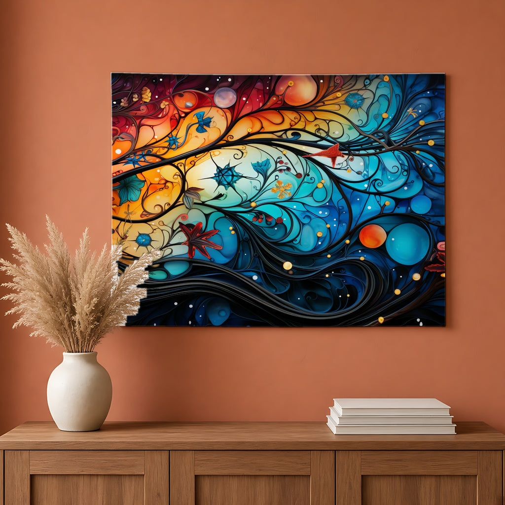 Cosmic Swirl Garden Wall Tapestry hanging on a terracotta wall