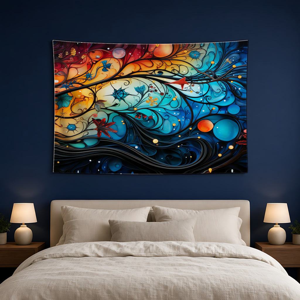 Cosmic Swirl Garden Wall Tapestry hanging above a bed on a navy wall