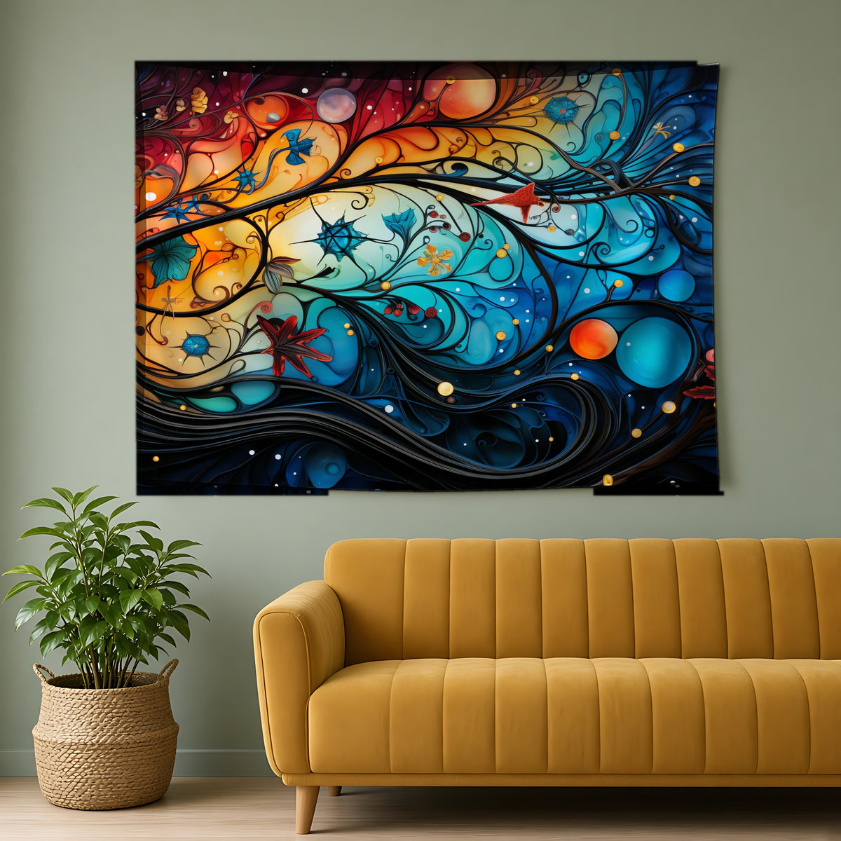 Cosmic Swirl Garden Wall Tapestry hanging above a mustard sofa
