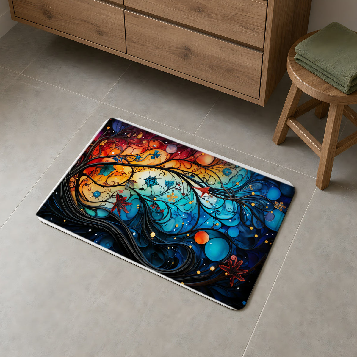Cosmic Swirl Garden Bath Mat on a grey tiled bathroom floor
