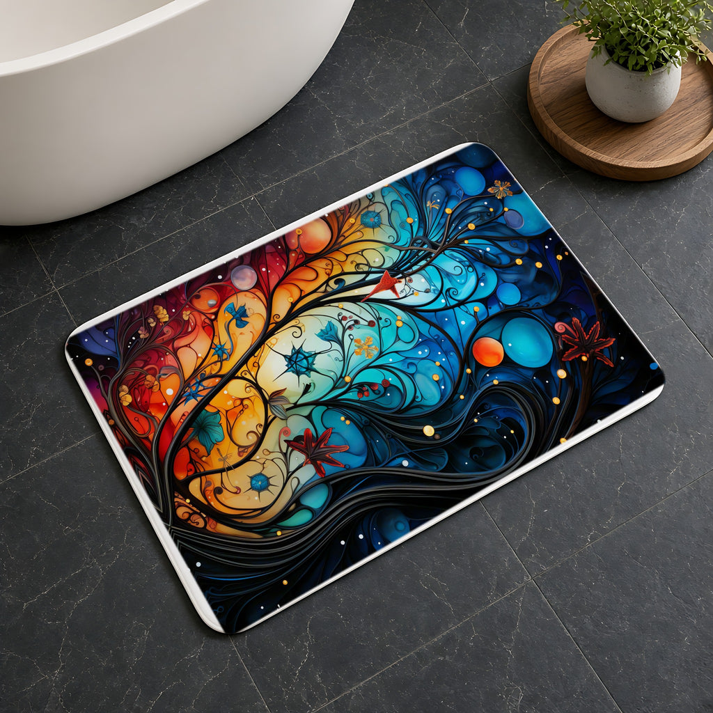 Cosmic Swirl Garden Bath Mat on a dark slate floor beside a bath