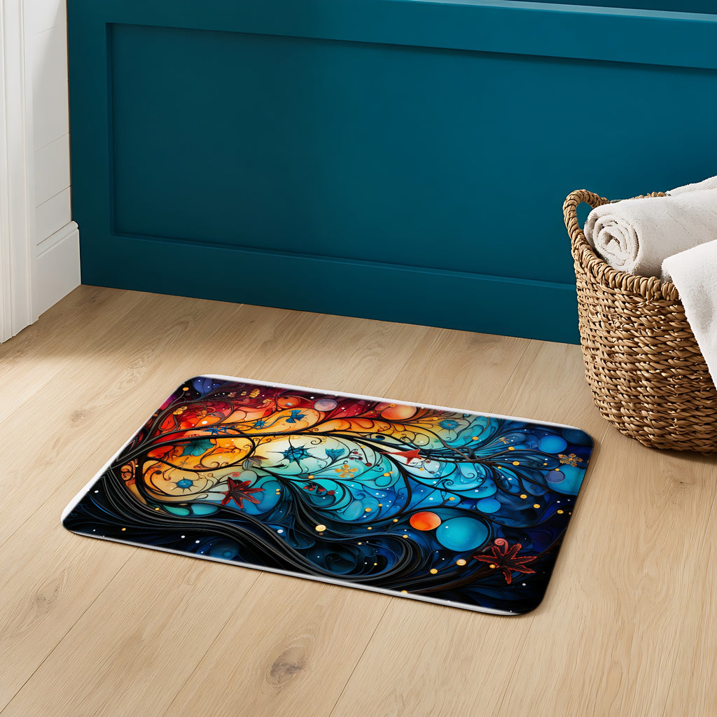 Cosmic Swirl Garden Bath Mat on an oak floor in a teal bathroom