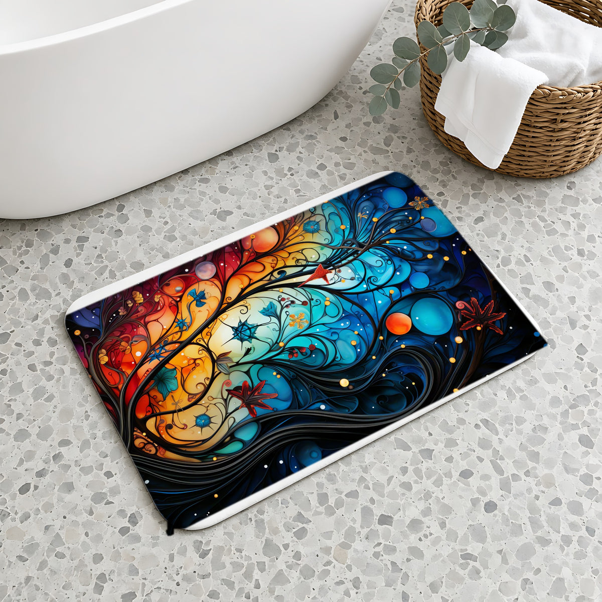 Cosmic Swirl Garden Bath Mat on a terrazzo floor beside a freestanding bath