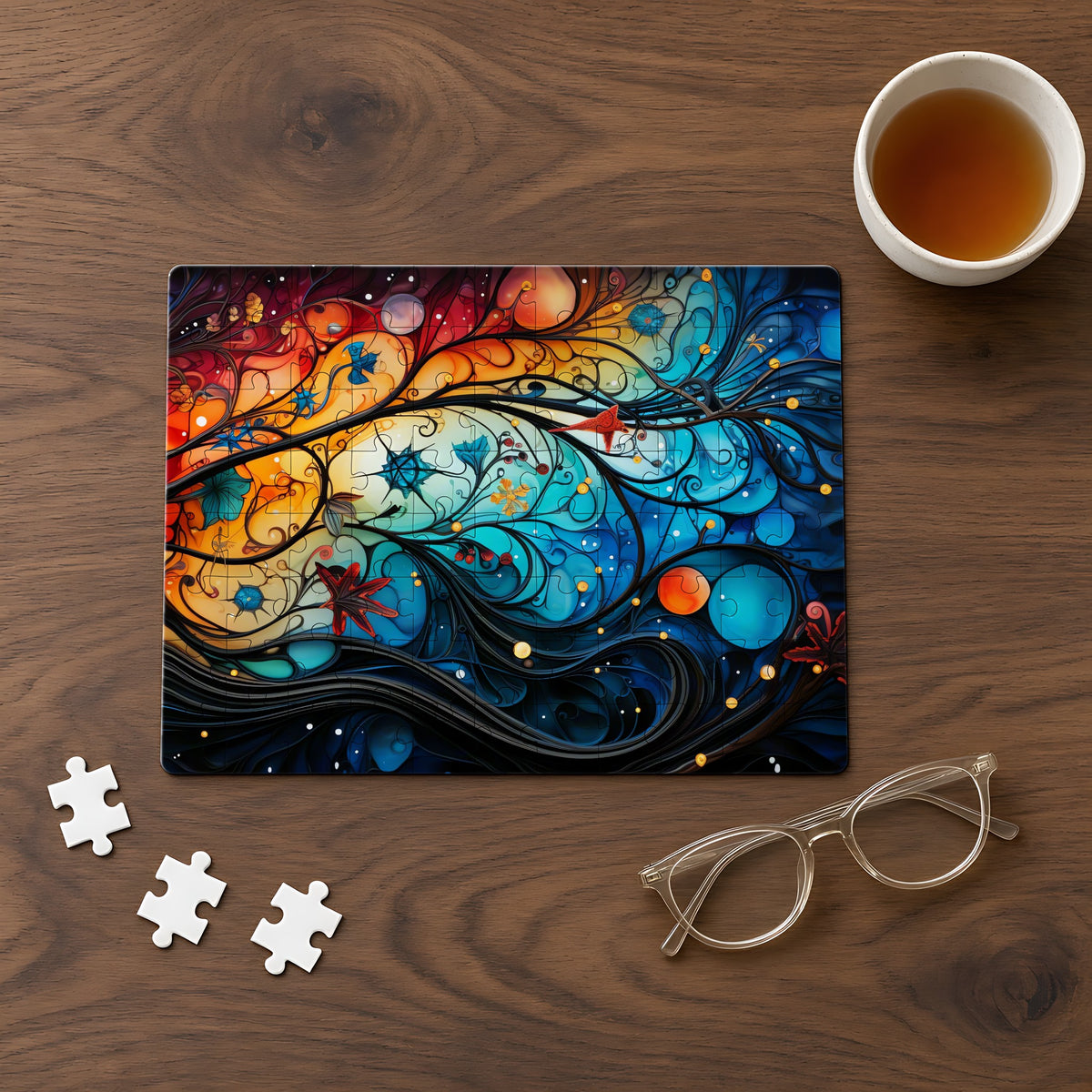 Cosmic Swirl Garden Jigsaw Puzzle with Tin completed on a walnut table