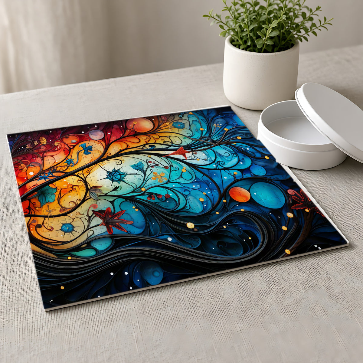 Cosmic Swirl Garden Jigsaw Puzzle with Tin completed on a linen tablecloth