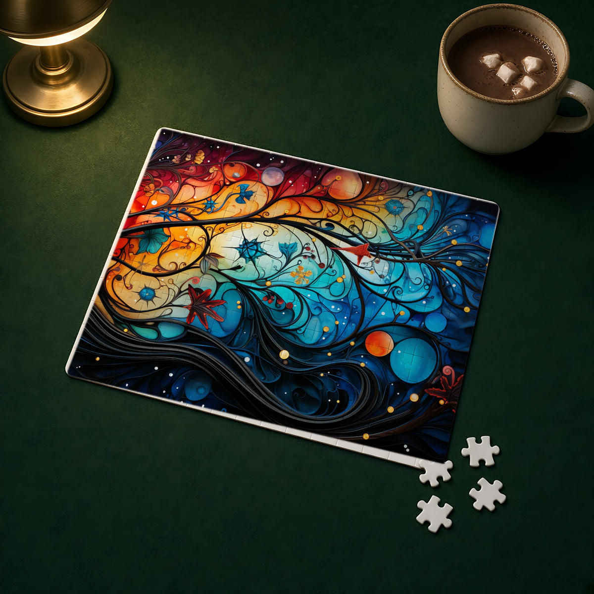 Cosmic Swirl Garden Jigsaw Puzzle with Tin completed on a green games table