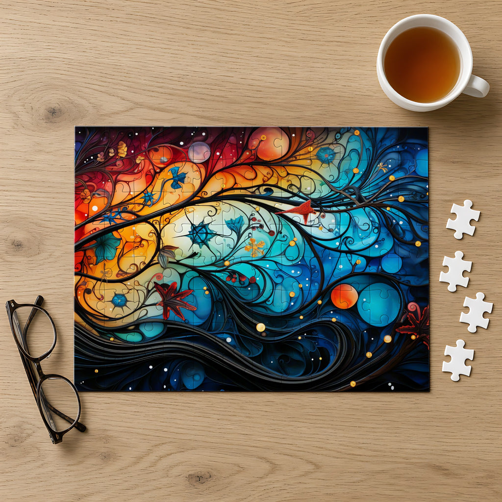 Cosmic Swirl Garden Jigsaw Puzzle with Tin completed on a light oak table with a cup of tea