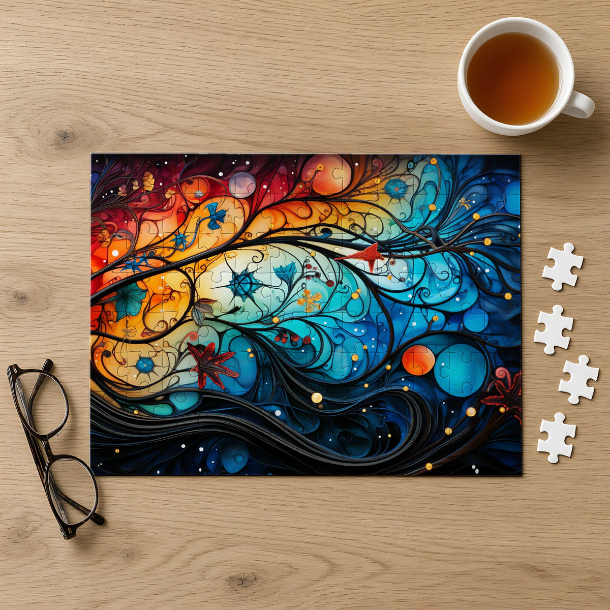 Cosmic Swirl Garden Jigsaw Puzzle with Tin completed on a light oak table with a cup of tea