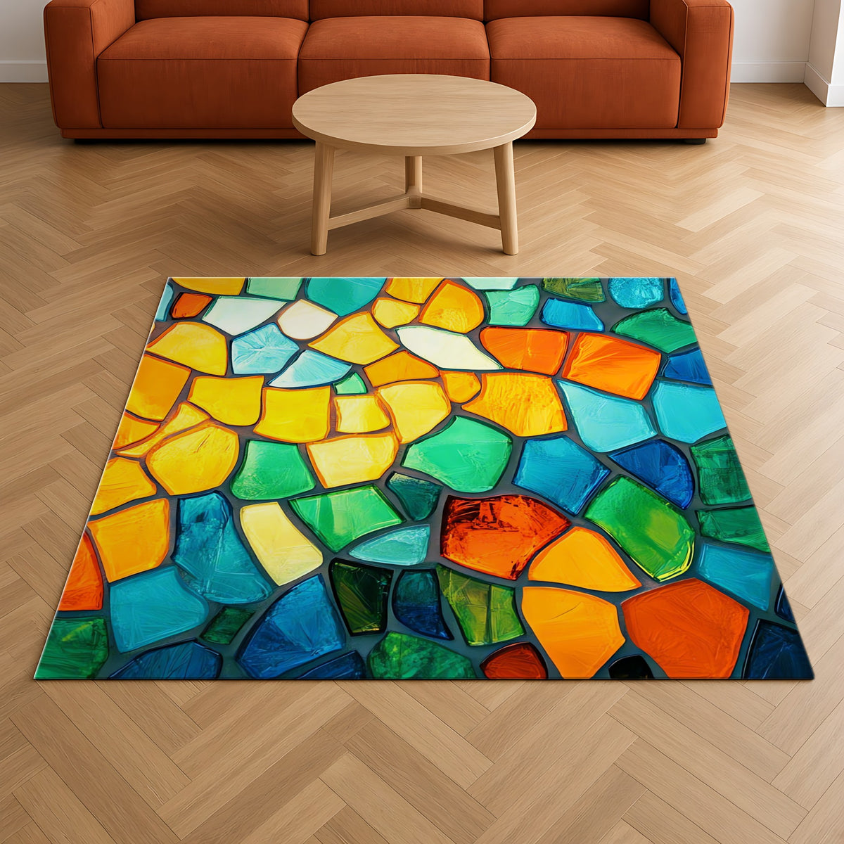 Jewel Mosaic Glass Outdoor Rug on a herringbone wood floor in a living room