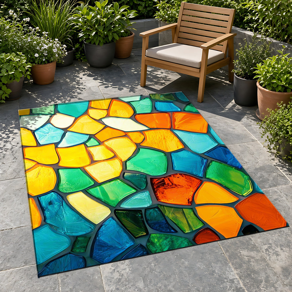 Jewel Mosaic Glass Outdoor Rug on a stone patio with potted plants