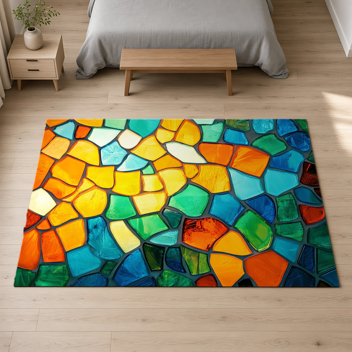 Jewel Mosaic Glass Outdoor Rug on a pale oak floor in a calm bedroom