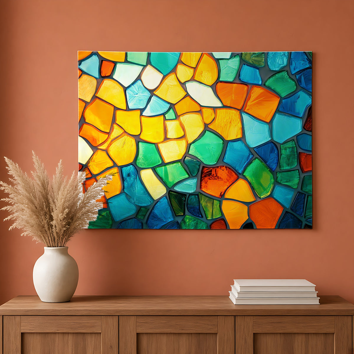 Jewel Mosaic Glass Wall Tapestry hanging on a terracotta wall