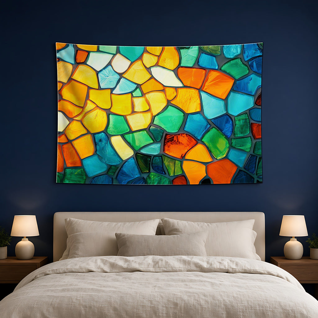 Jewel Mosaic Glass Wall Tapestry hanging above a bed on a navy wall