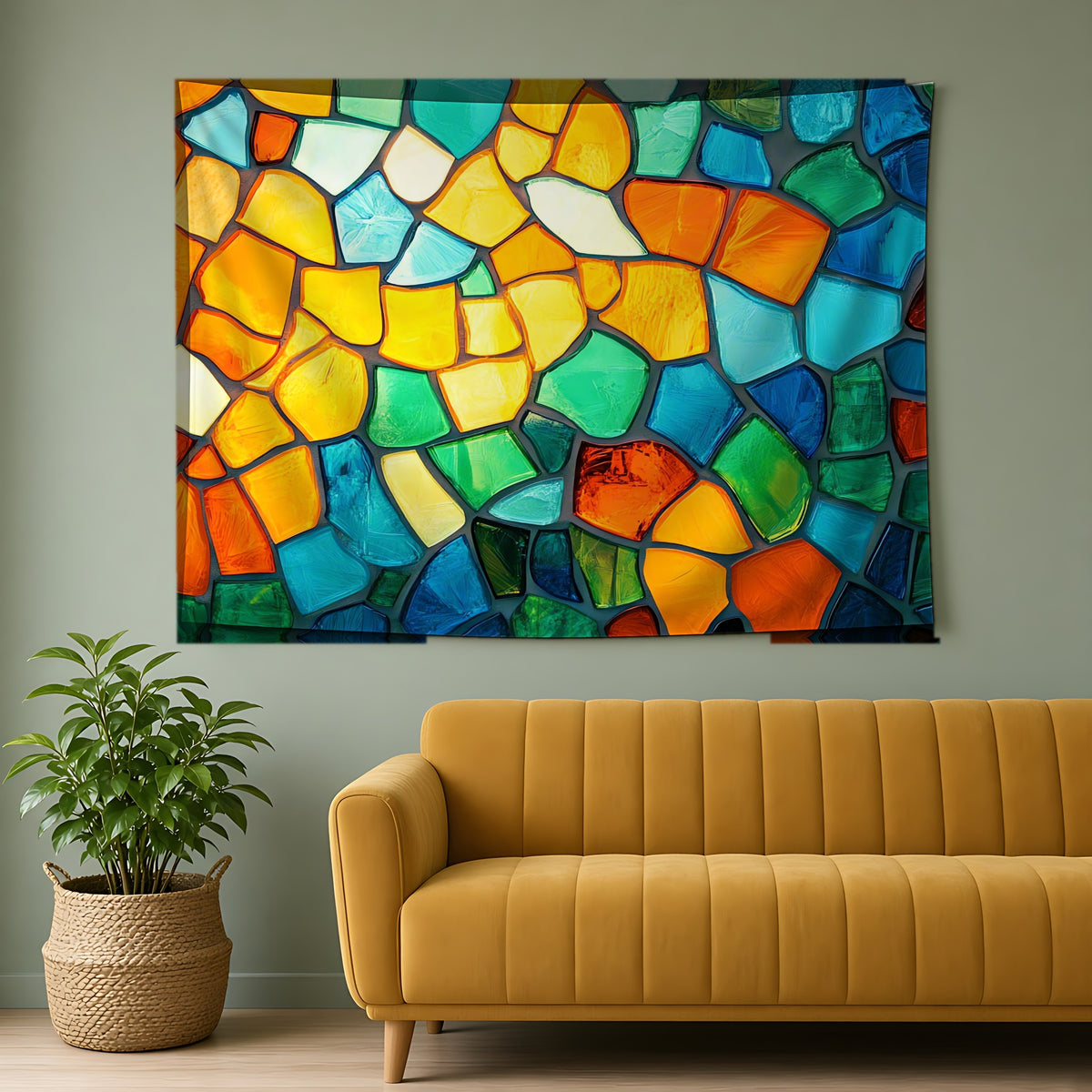 Jewel Mosaic Glass Wall Tapestry hanging above a mustard sofa