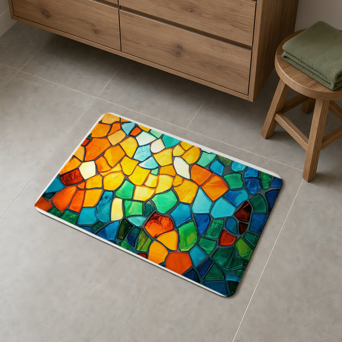 Jewel Mosaic Glass Bath Mat on a grey tiled bathroom floor