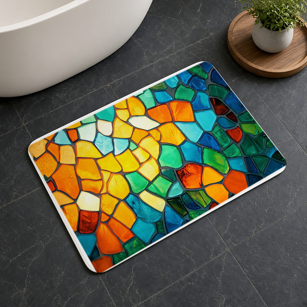 Jewel Mosaic Glass Bath Mat on a dark slate floor beside a bath