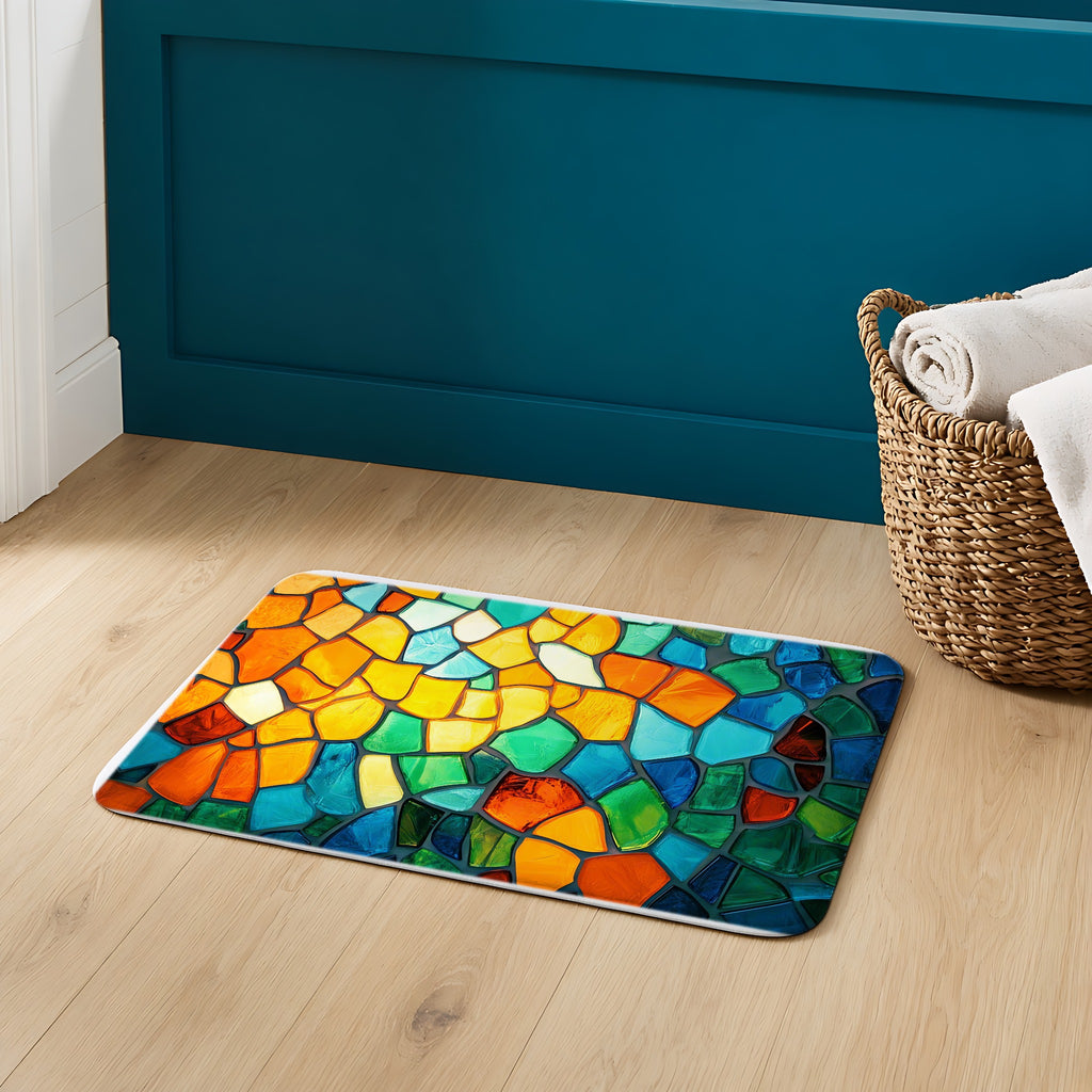 Jewel Mosaic Glass Bath Mat on an oak floor in a teal bathroom