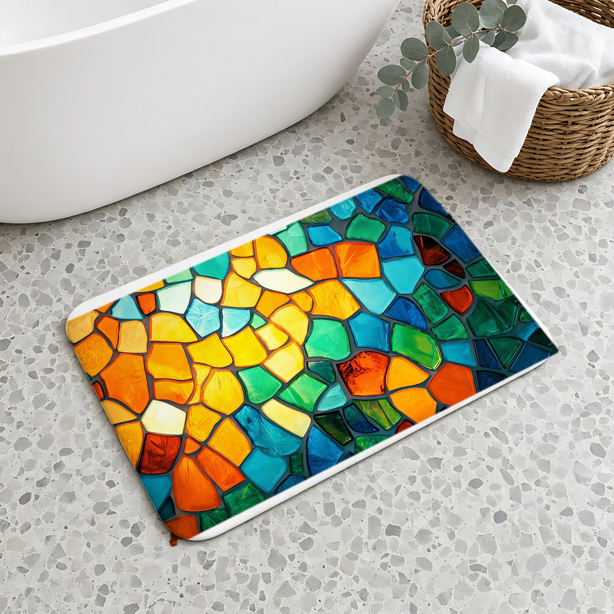 Jewel Mosaic Glass Bath Mat on a terrazzo floor beside a freestanding bath