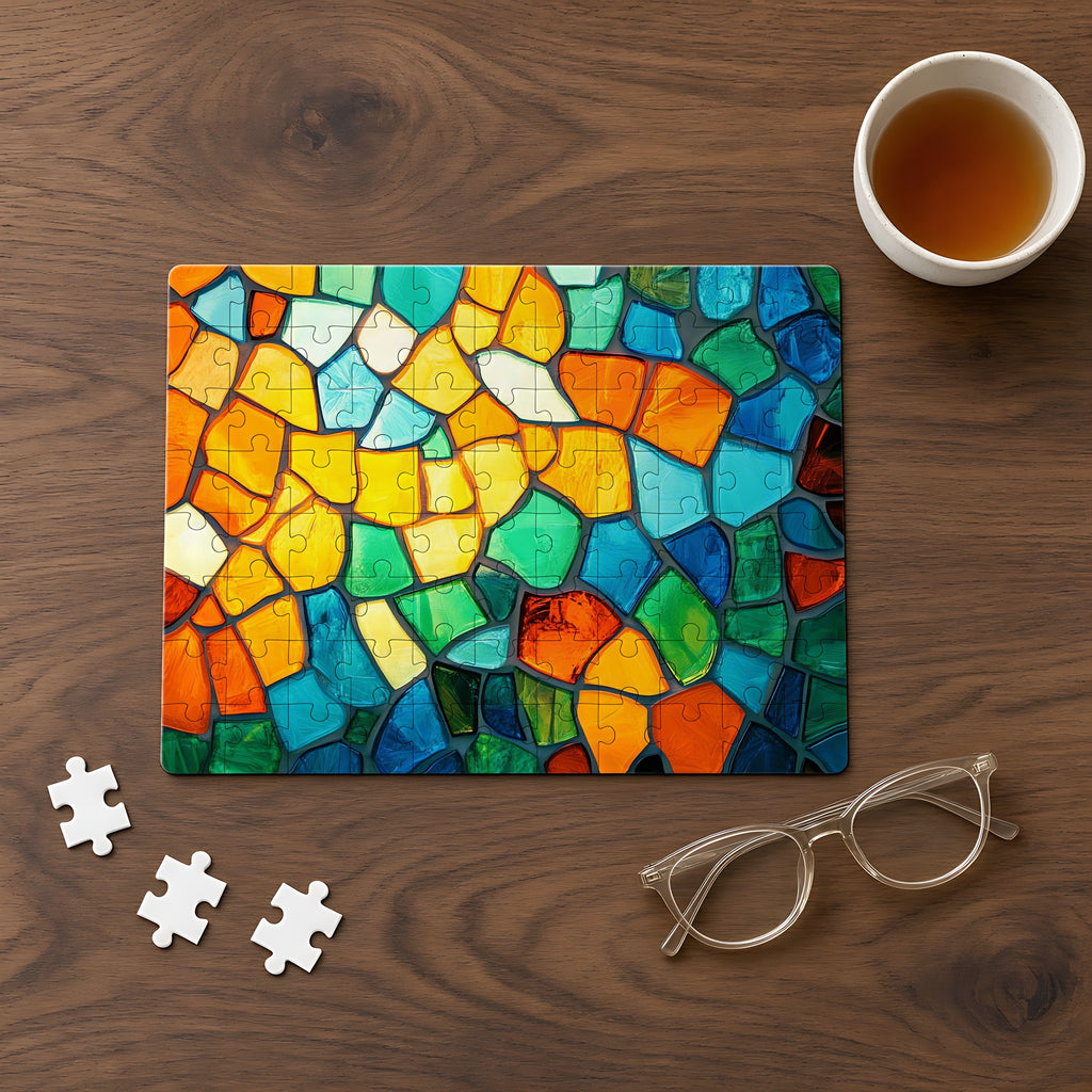 Jewel Mosaic Glass Jigsaw Puzzle with Tin completed on a walnut table