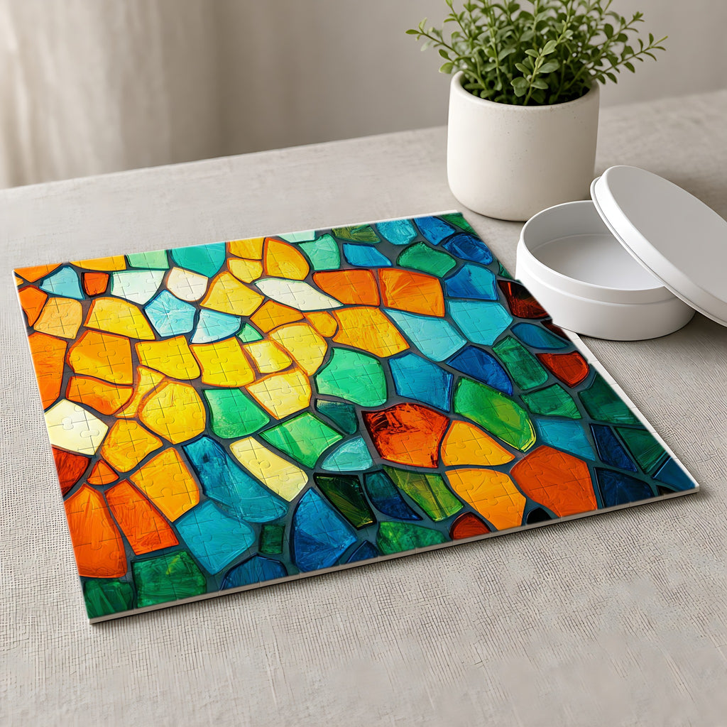 Jewel Mosaic Glass Jigsaw Puzzle with Tin completed on a linen tablecloth
