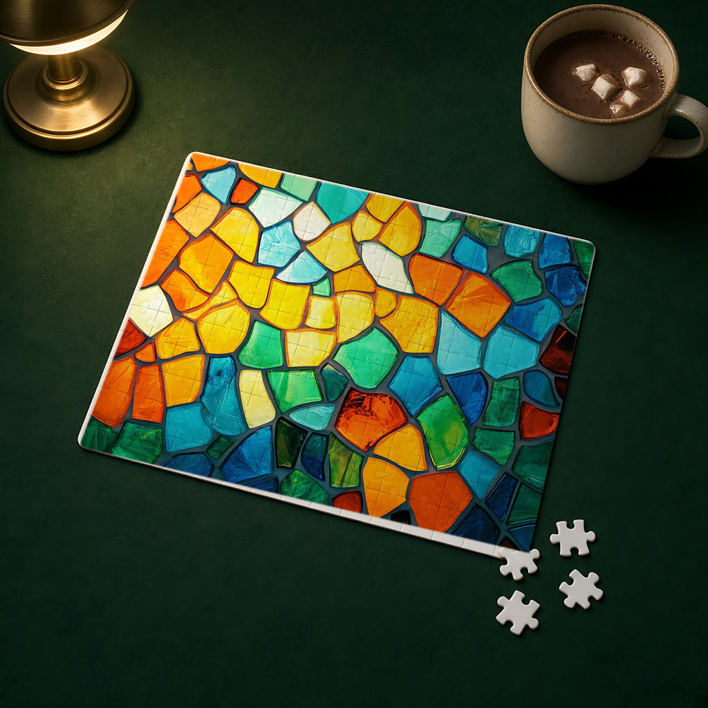 Jewel Mosaic Glass Jigsaw Puzzle with Tin completed on a green games table