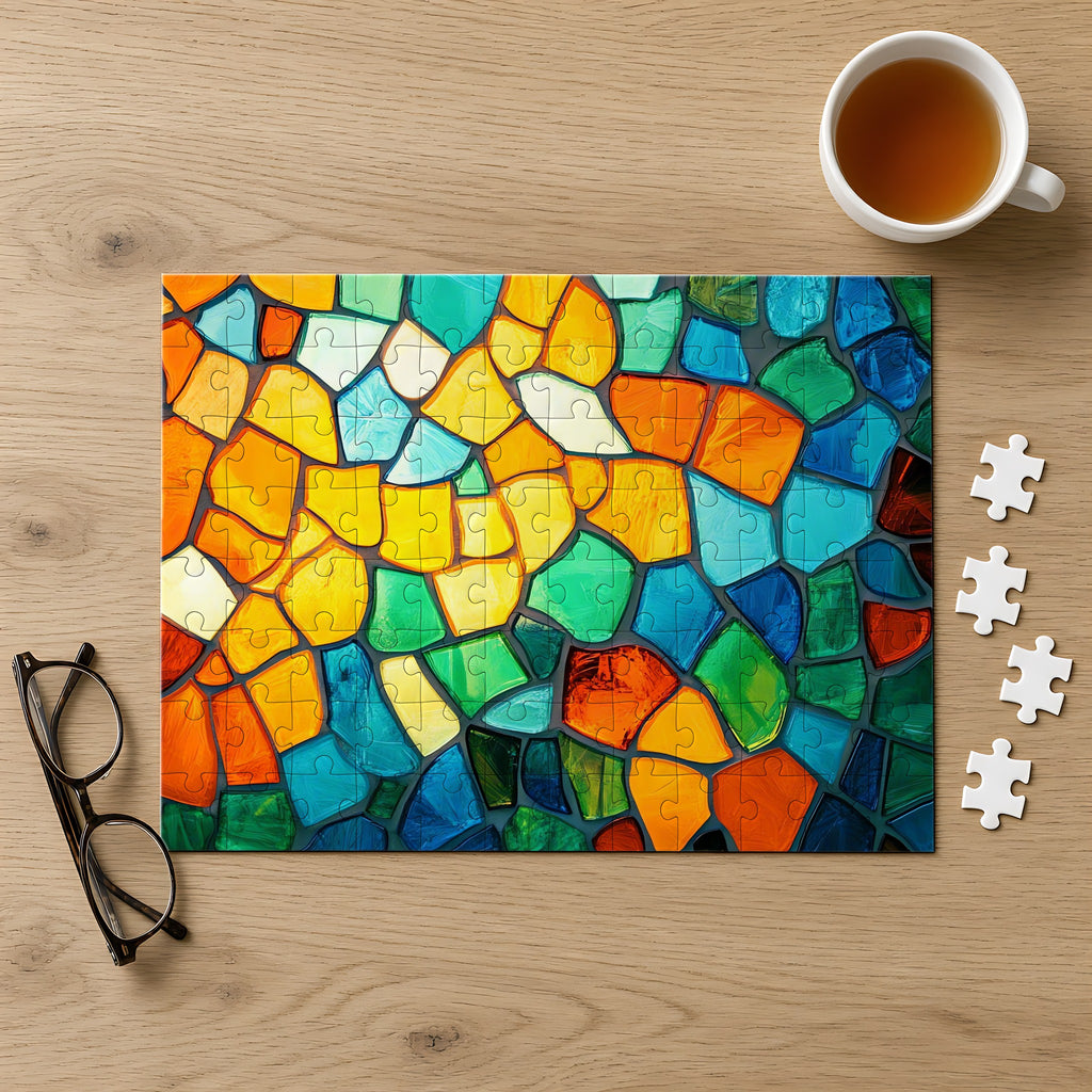 Jewel Mosaic Glass Jigsaw Puzzle with Tin completed on a light oak table with a cup of tea