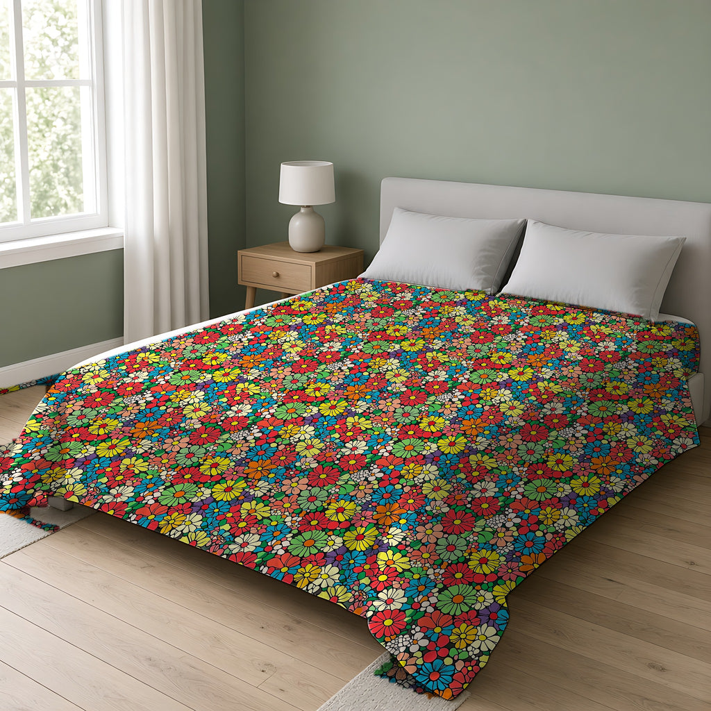 Flower Power Daisies Cotton Duvet Cover on a double bed in a bright sage-green bedroom
