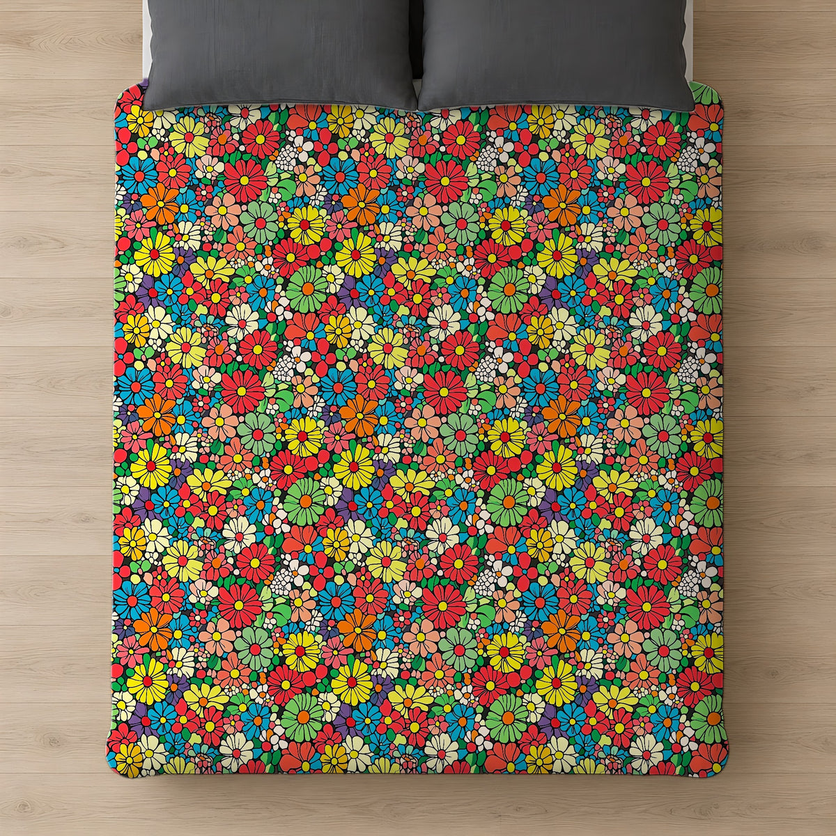Flower Power Daisies Cotton Duvet Cover on a bed, seen from above