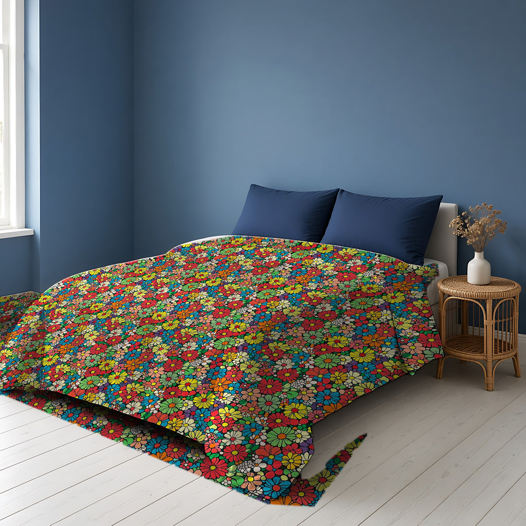 Flower Power Daisies Cotton Duvet Cover on a bed in a Scandinavian blue bedroom