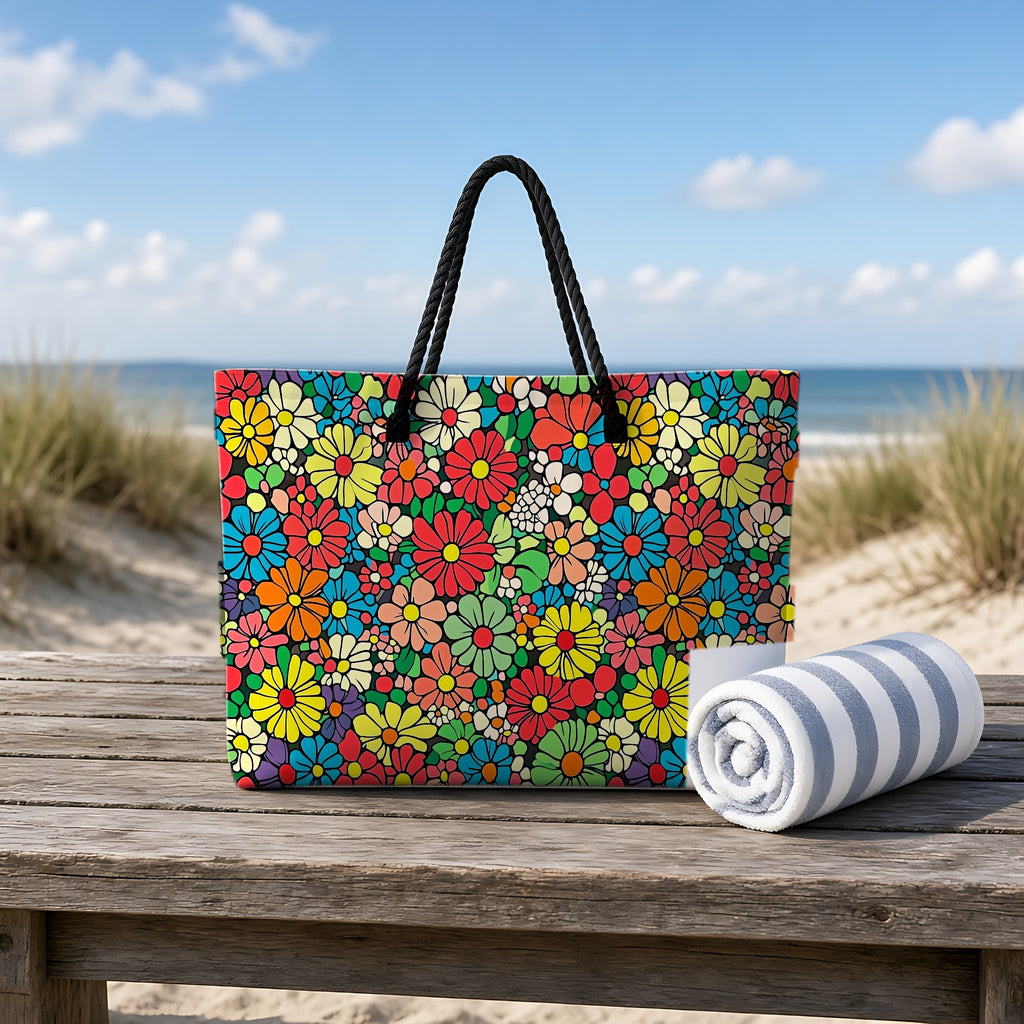 Flower Power Daisies Weekender Tote Bag on a rustic table by the beach