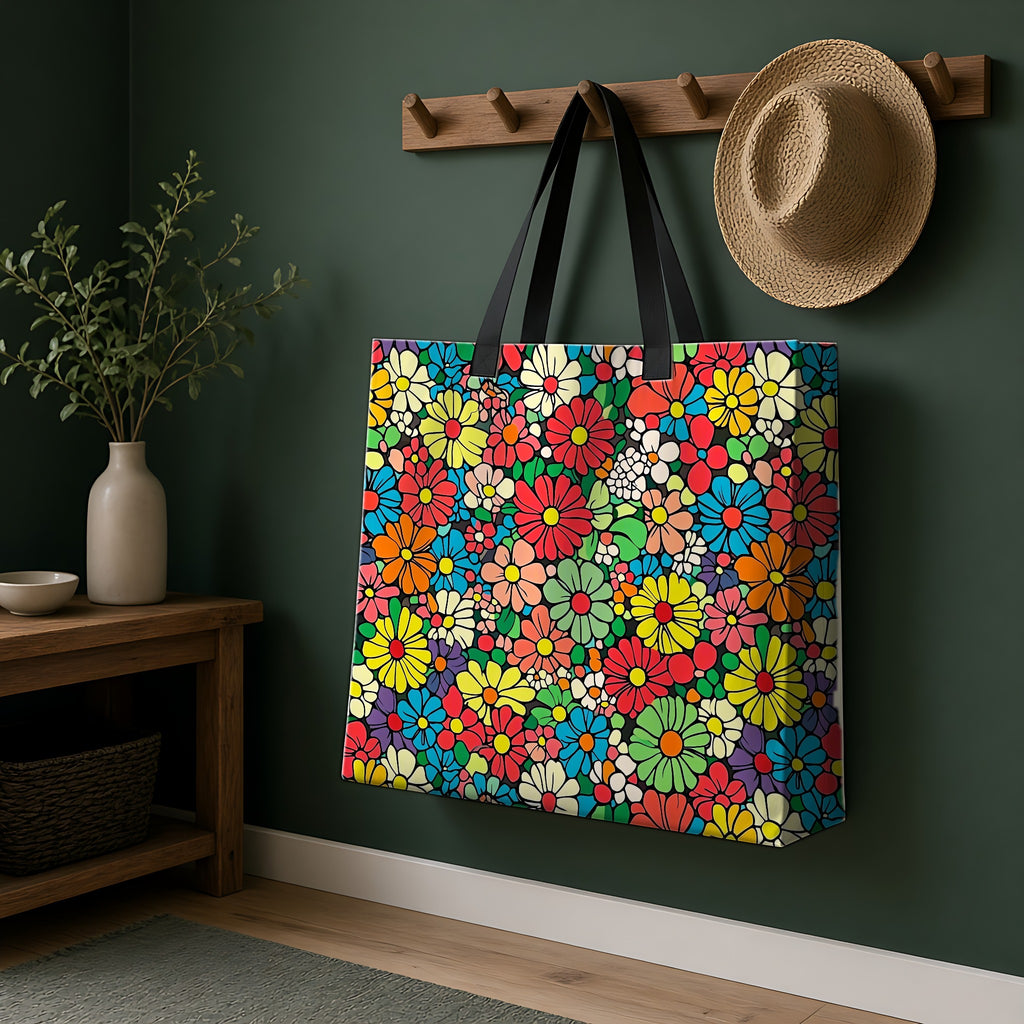 Flower Power Daisies Weekender Tote Bag hanging on a peg rail in a green hallway