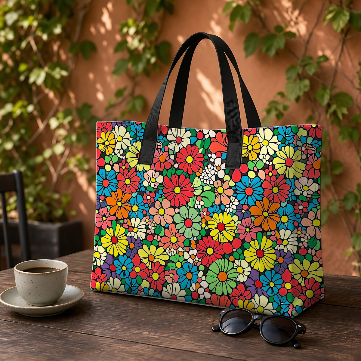 Flower Power Daisies Weekender Tote Bag on a garden café table