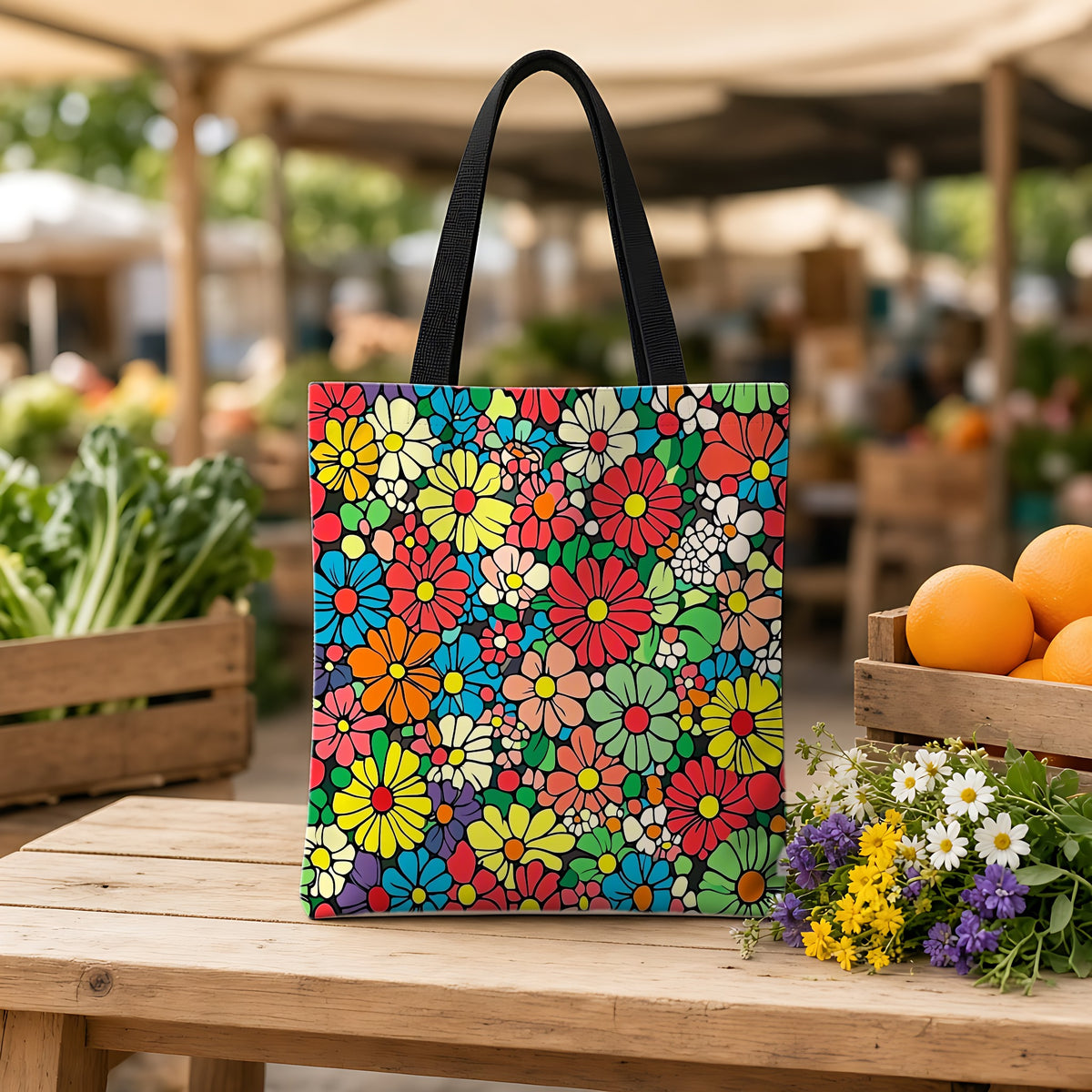 Flower Power Daisies Weekender Tote Bag on a wooden bench at a farmers market