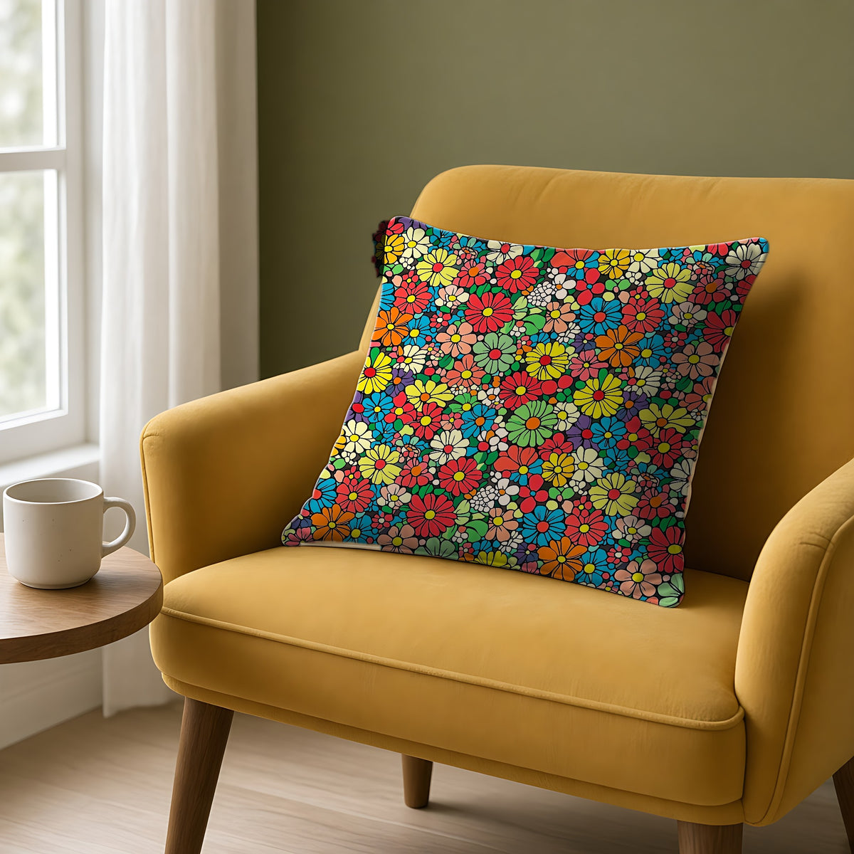Flower Power Daisies Faux Suede Cushion on a mustard armchair by a window