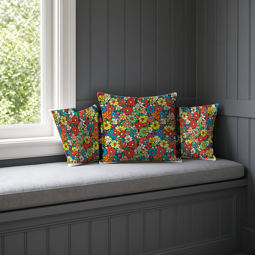 Flower Power Daisies Faux Suede Cushion on a window seat