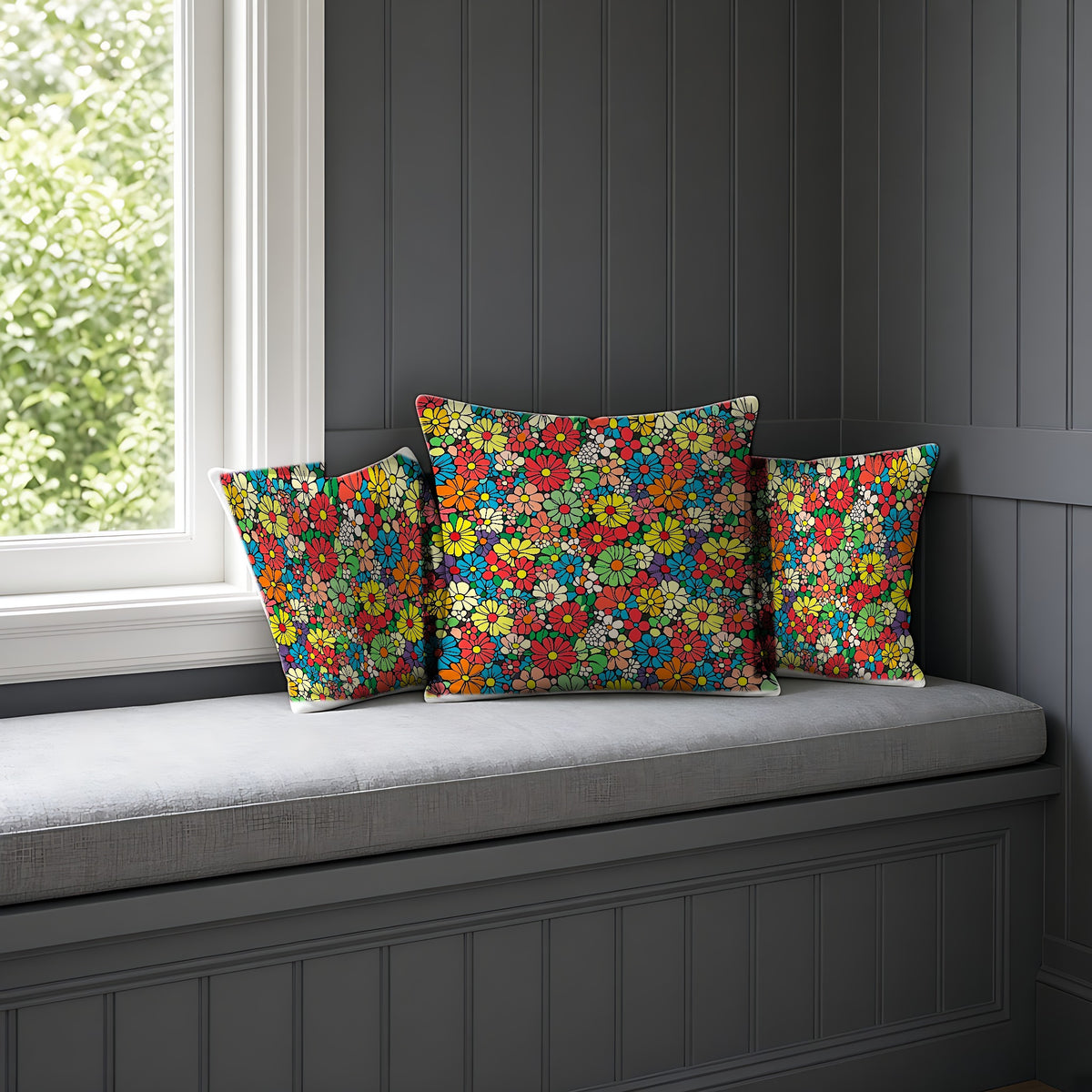 Flower Power Daisies Faux Suede Cushion on a window seat