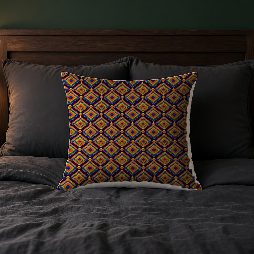 Stepped Diamond Ikat Faux Suede Cushion on a bed with charcoal bedding